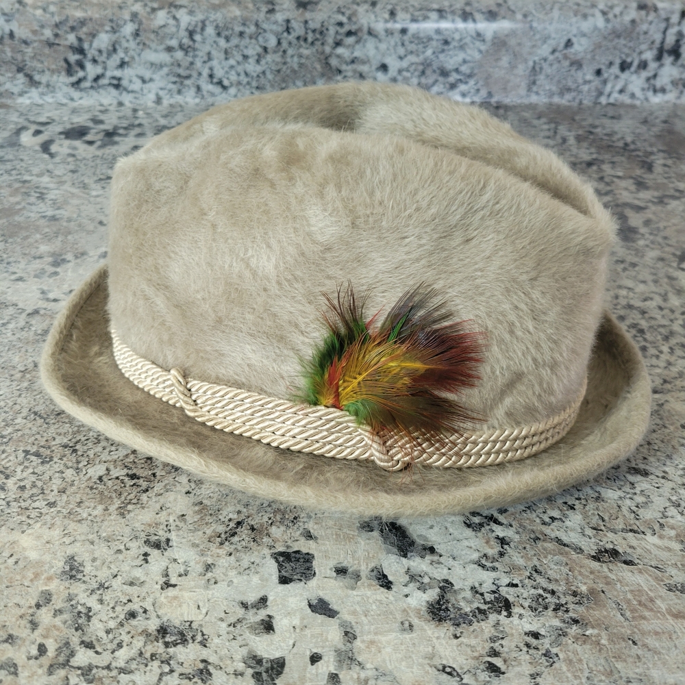 Beige Fur Felt Fedora with Braided Band and Feather Accent